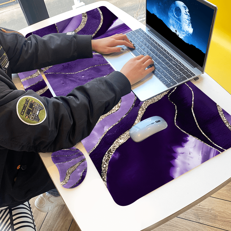 Dark Purple Golden Marble Texture Large Gaming Mouse Pad and Keyboard Wrist Rest Ergonomic Wrist Support Desk Mat Cup Mat 4-in-1 Set Non-Slip Mouse Pads for Office, Home, New Year, Valentines Day Gift