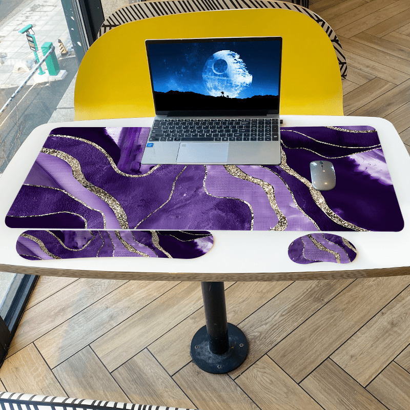 Dark Purple Golden Marble Texture Large Gaming Mouse Pad and Keyboard Wrist Rest Ergonomic Wrist Support Desk Mat Cup Mat 4-in-1 Set Non-Slip Mouse Pads for Office, Home, New Year, Valentines Day Gift