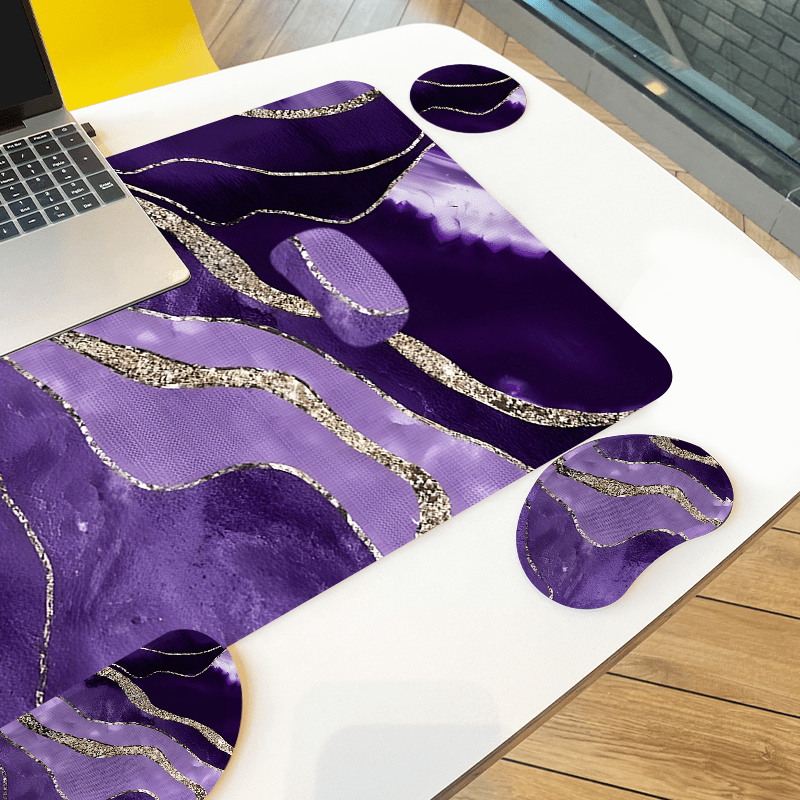 Dark Purple Golden Marble Texture Large Gaming Mouse Pad and Keyboard Wrist Rest Ergonomic Wrist Support Desk Mat Cup Mat 4-in-1 Set Non-Slip Mouse Pads for Office, Home, New Year, Valentines Day Gift