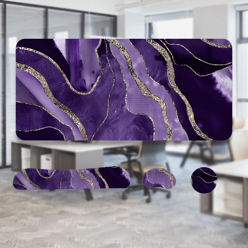 Dark Purple Golden Marble Texture Large Gaming Mouse Pad and Keyboard Wrist Rest Ergonomic Wrist Support Desk Mat Cup Mat 4-in-1 Set Non-Slip Mouse Pads for Office, Home, New Year, Valentines Day Gift