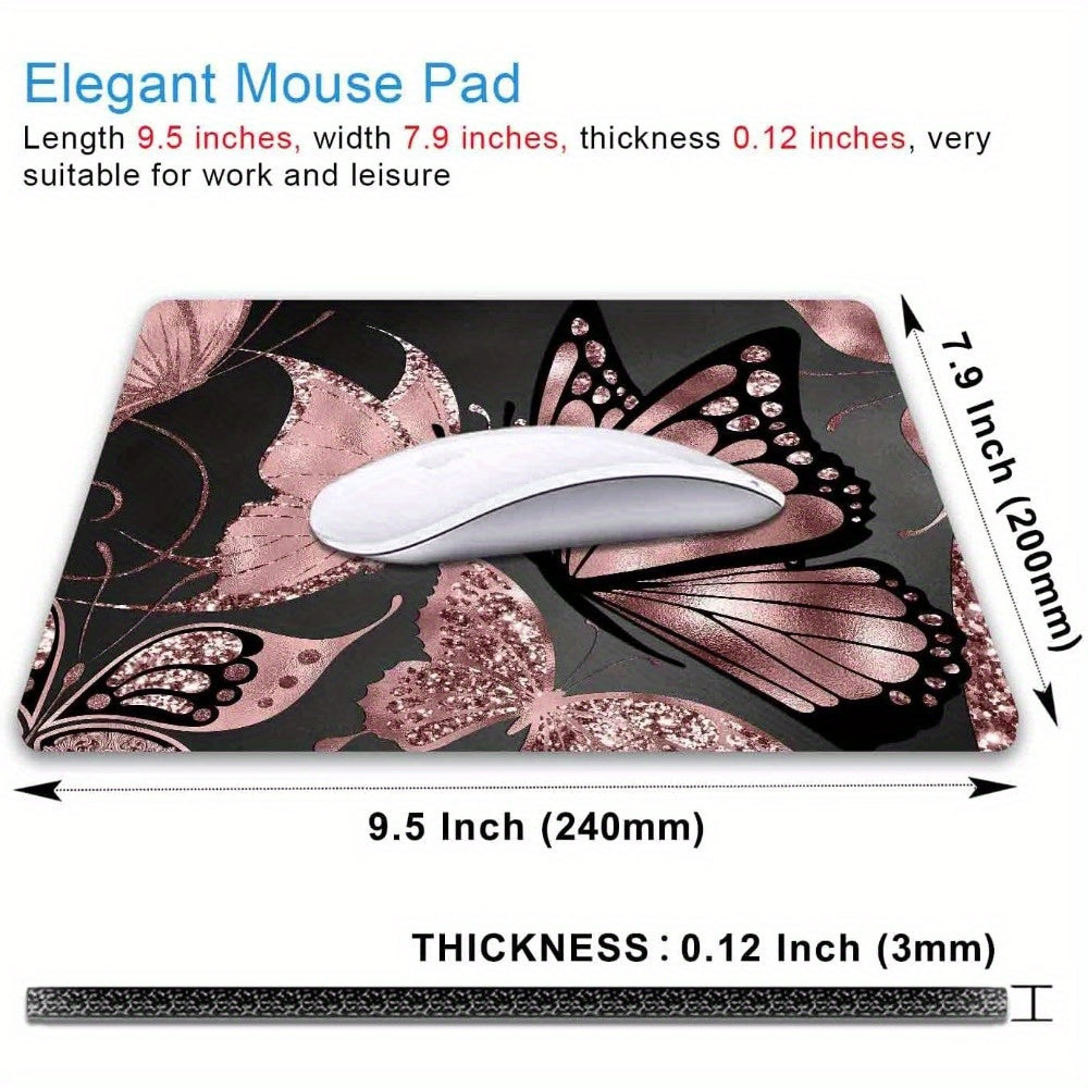 Gaming Mouse Pad for Women Large Non-Slip Rubber Base Mousepad Mouse Mat Desk 31.5x11.8 Inch - Rose Gold Glitter Foil Butterfly