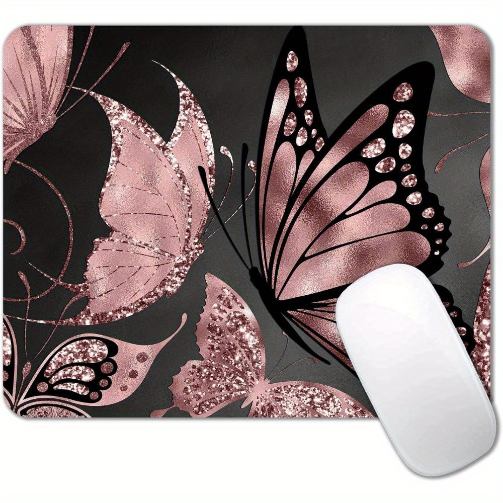 Gaming Mouse Pad for Women Large Non-Slip Rubber Base Mousepad Mouse Mat Desk 31.5x11.8 Inch - Rose Gold Glitter Foil Butterfly