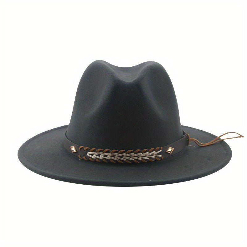 1pc Western Elegant Cowboy Hat, Unisex Retro Style Fedora Hat With Braided Band, For Men Women, Ethnic Design, Holiday Fashion