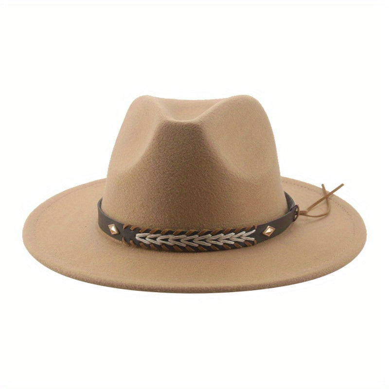 1pc Western Elegant Cowboy Hat, Unisex Retro Style Fedora Hat With Braided Band, For Men Women, Ethnic Design, Holiday Fashion