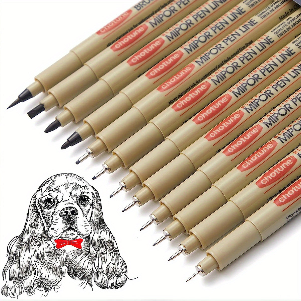 12pcs Pigment Liner Micron Ink Marker Pen For Drawing Sketch Manga Micron Liner Calligraphy Brush Hook Line Pens Art Supplies, Back To School,School Supplies, Stationery Writing Pens