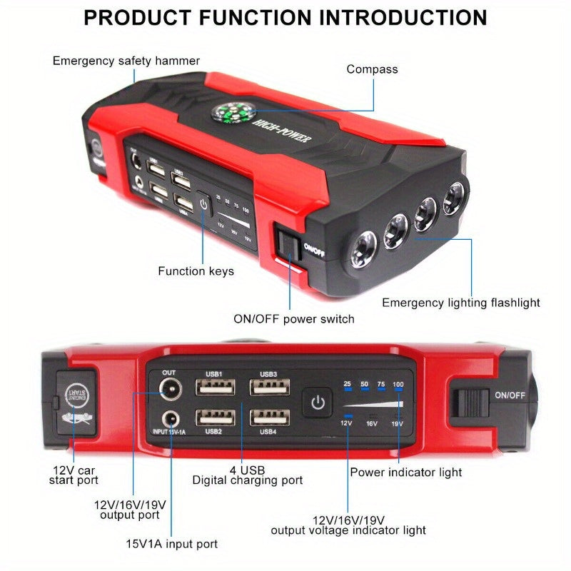 1pc Portable 29800mAh Car Jump Starter Battery Charger Emergency Power Supply For Cell Phone Car Motorcycle Yacht And Outdoor Activities Emergency Charger With Flashlight Compass