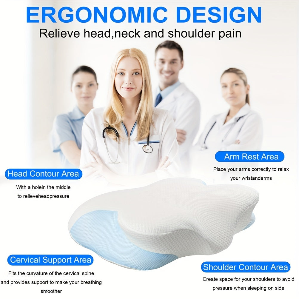 Ergonomic Memory Foam Cervical Pillow with Removable Cover – Orthopedic Contour Neck Support Pillow for Side, Back, Stomach Sleepers – Knitted Polyester Pillowcase, Machine Washable – Bedding Supplies