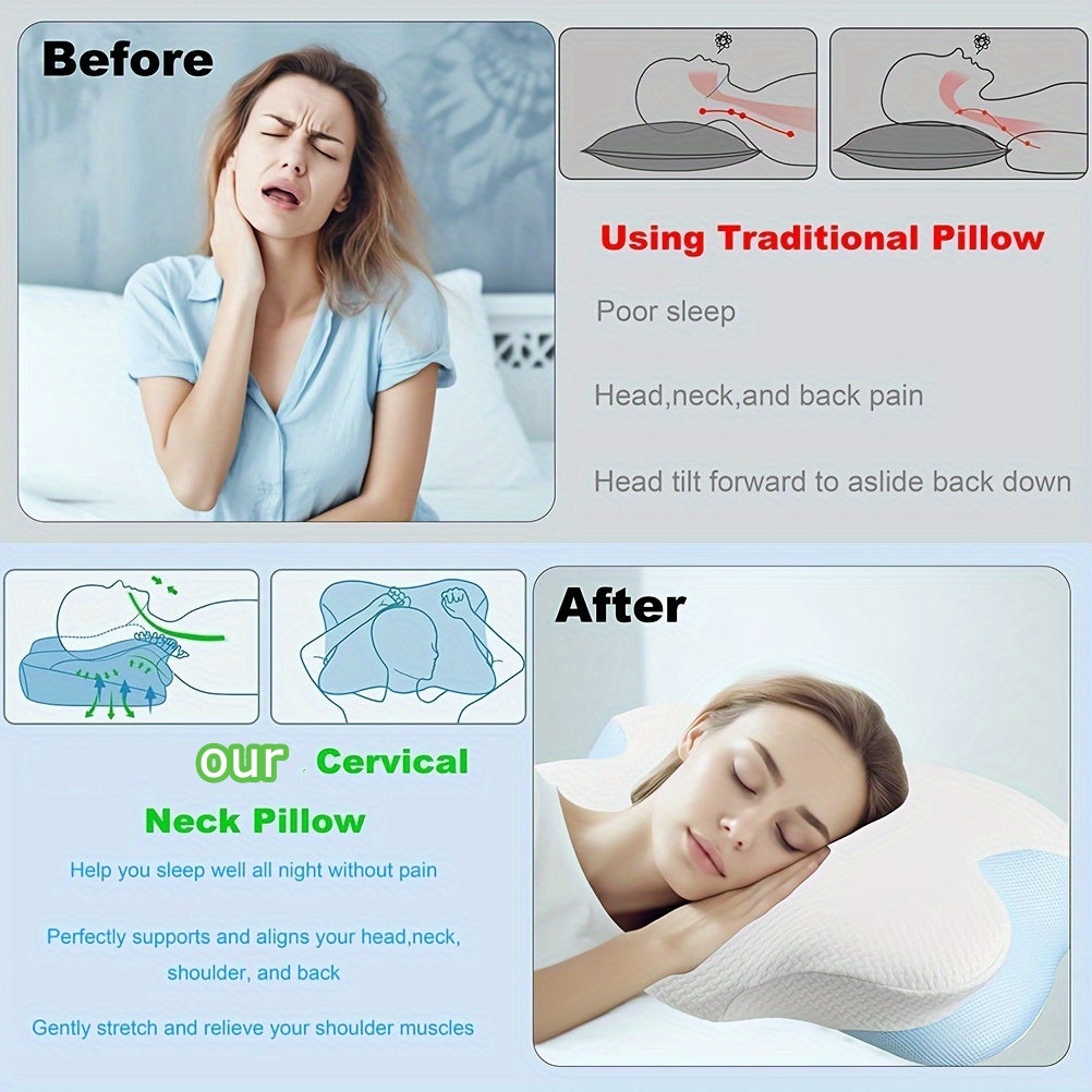 Ergonomic Memory Foam Cervical Pillow with Removable Cover – Orthopedic Contour Neck Support Pillow for Side, Back, Stomach Sleepers – Knitted Polyester Pillowcase, Machine Washable – Bedding Supplies