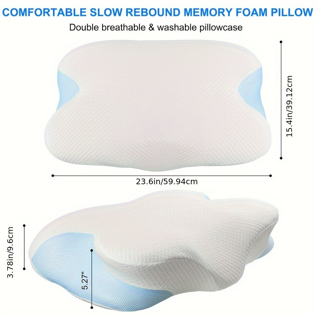 Ergonomic Memory Foam Cervical Pillow with Removable Cover – Orthopedic Contour Neck Support Pillow for Side, Back, Stomach Sleepers – Knitted Polyester Pillowcase, Machine Washable – Bedding Supplies