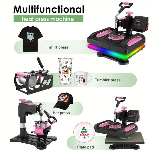 Pro 5 in 1 Heat Press Machine 12x15 inch 360-Degree Swing Away Digital T Shirt Pressing Machine Multifunction Heat Transfer Sublimation Combo for T Shirts Mugs Hat Plate Cap