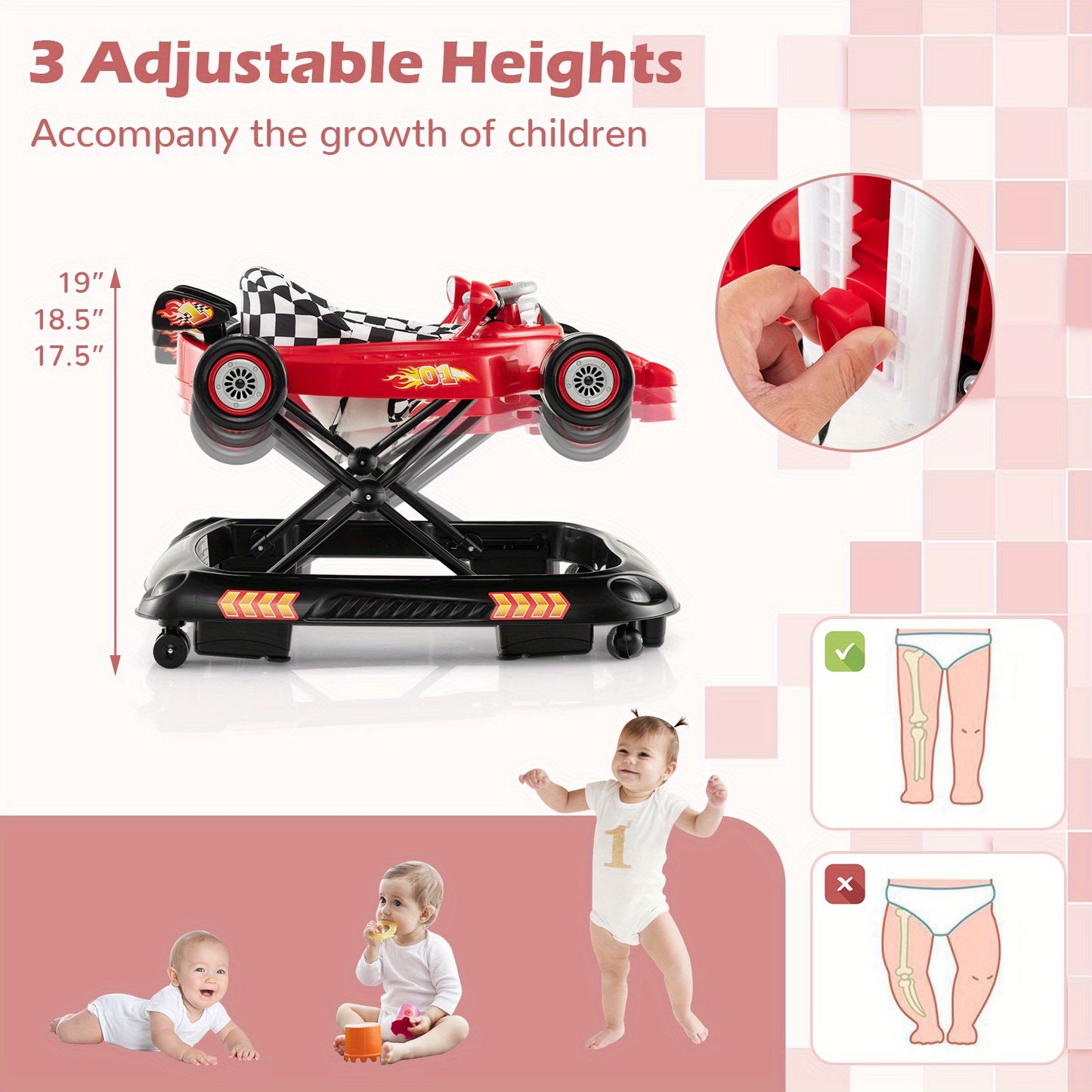 Costway 4-in-1 Foldable Baby Walker with 3-Level Adjustable Height Detachable Music Tray