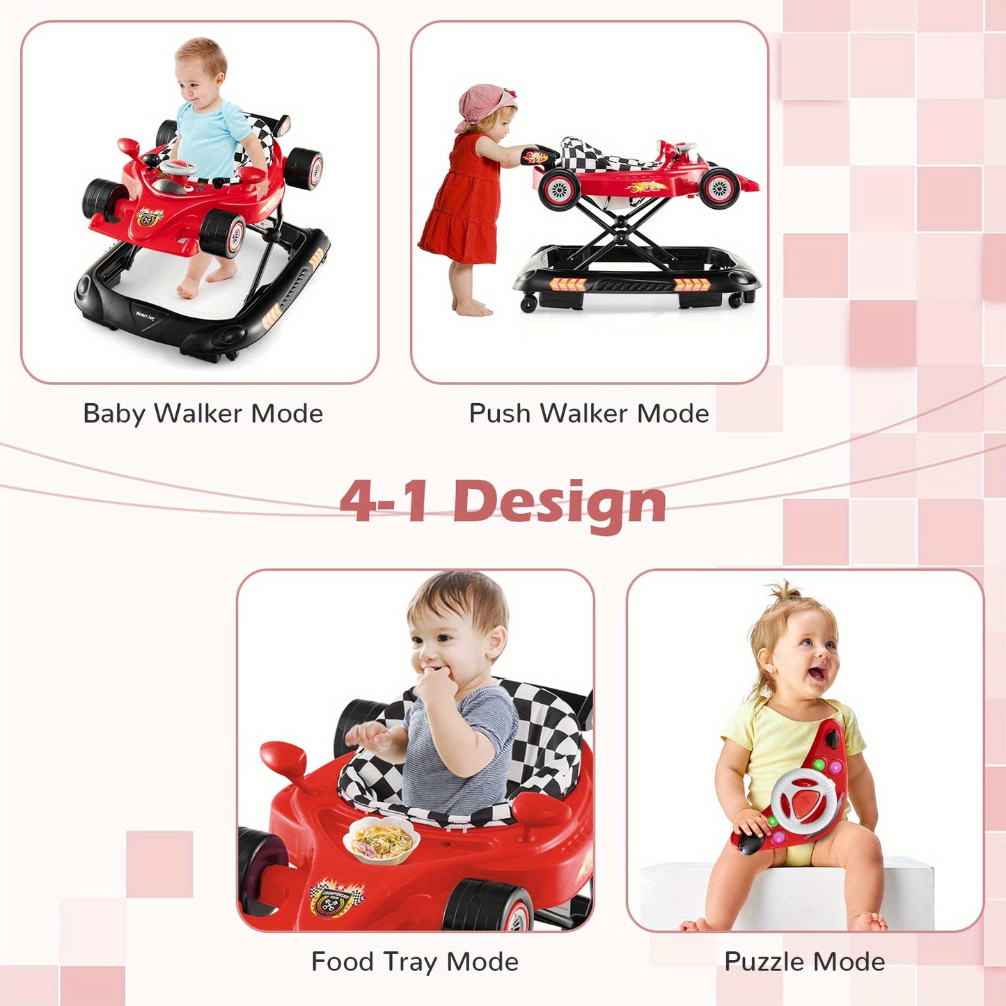 Costway 4-in-1 Foldable Baby Walker with 3-Level Adjustable Height Detachable Music Tray