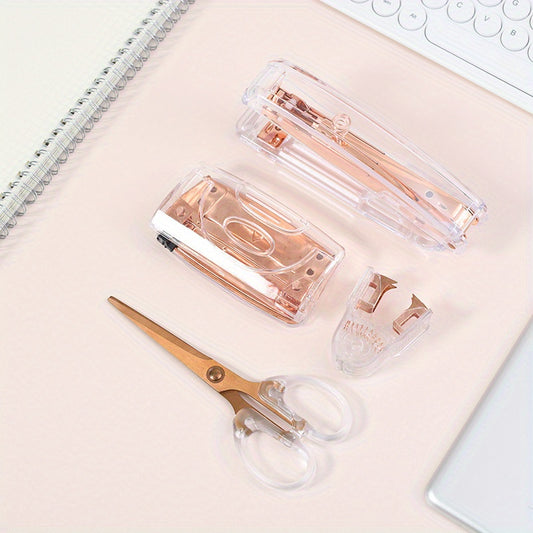 Rose Golden Acrylic Stapler and Punch Set with Staple Remover and Scissors - Transparent Office Desk Accessories Kit