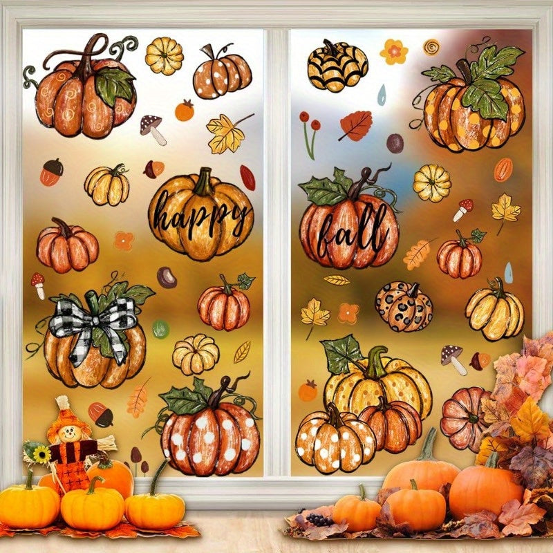 Autumn Harvest Window Clings, 6-Pack Pumpkin and Maple Leaf Static Decals, Plastic Thanksgiving Fall Decorations, No Electricity Needed, Featherless Glass Sticker Set