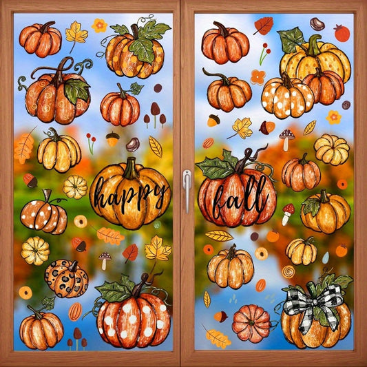 Autumn Harvest Window Clings, 6-Pack Pumpkin and Maple Leaf Static Decals, Plastic Thanksgiving Fall Decorations, No Electricity Needed, Featherless Glass Sticker Set