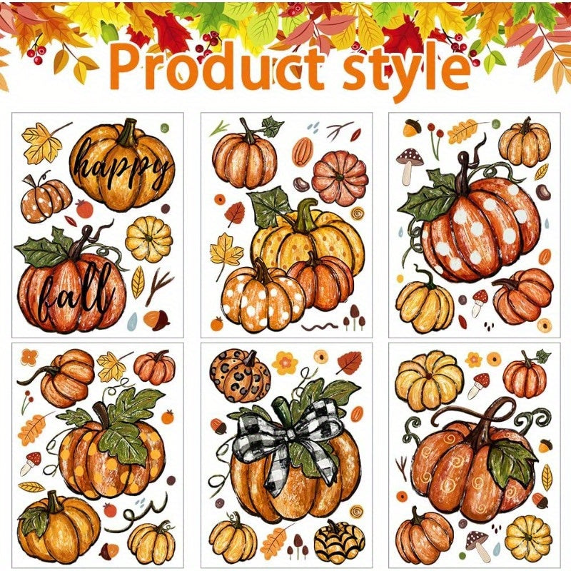 Autumn Harvest Window Clings, 6-Pack Pumpkin and Maple Leaf Static Decals, Plastic Thanksgiving Fall Decorations, No Electricity Needed, Featherless Glass Sticker Set