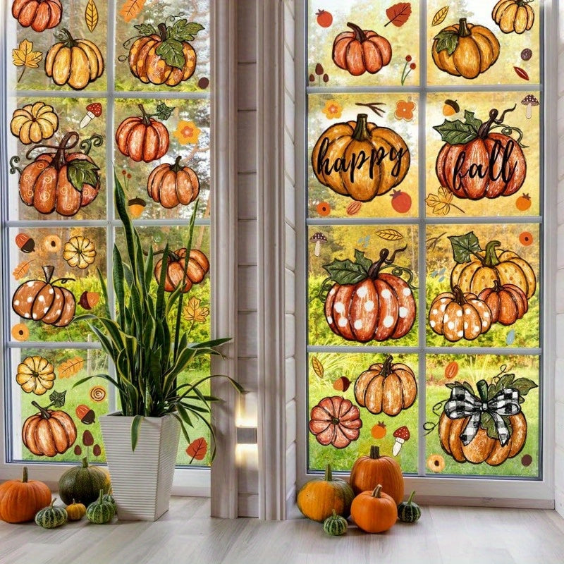 Autumn Harvest Window Clings, 6-Pack Pumpkin and Maple Leaf Static Decals, Plastic Thanksgiving Fall Decorations, No Electricity Needed, Featherless Glass Sticker Set