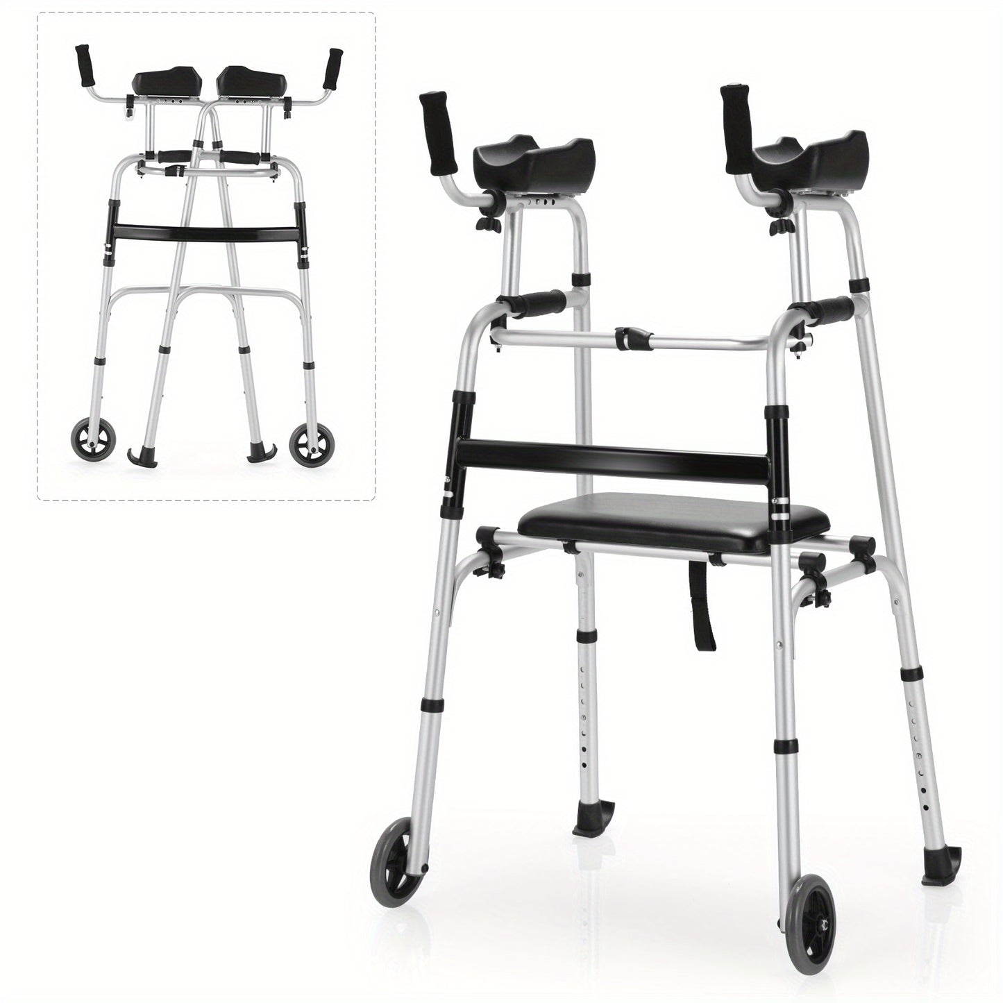 Costway Foldable Aluminum Alloy Walker Wheel Walking Frame W/ Seat & Armrest Pad