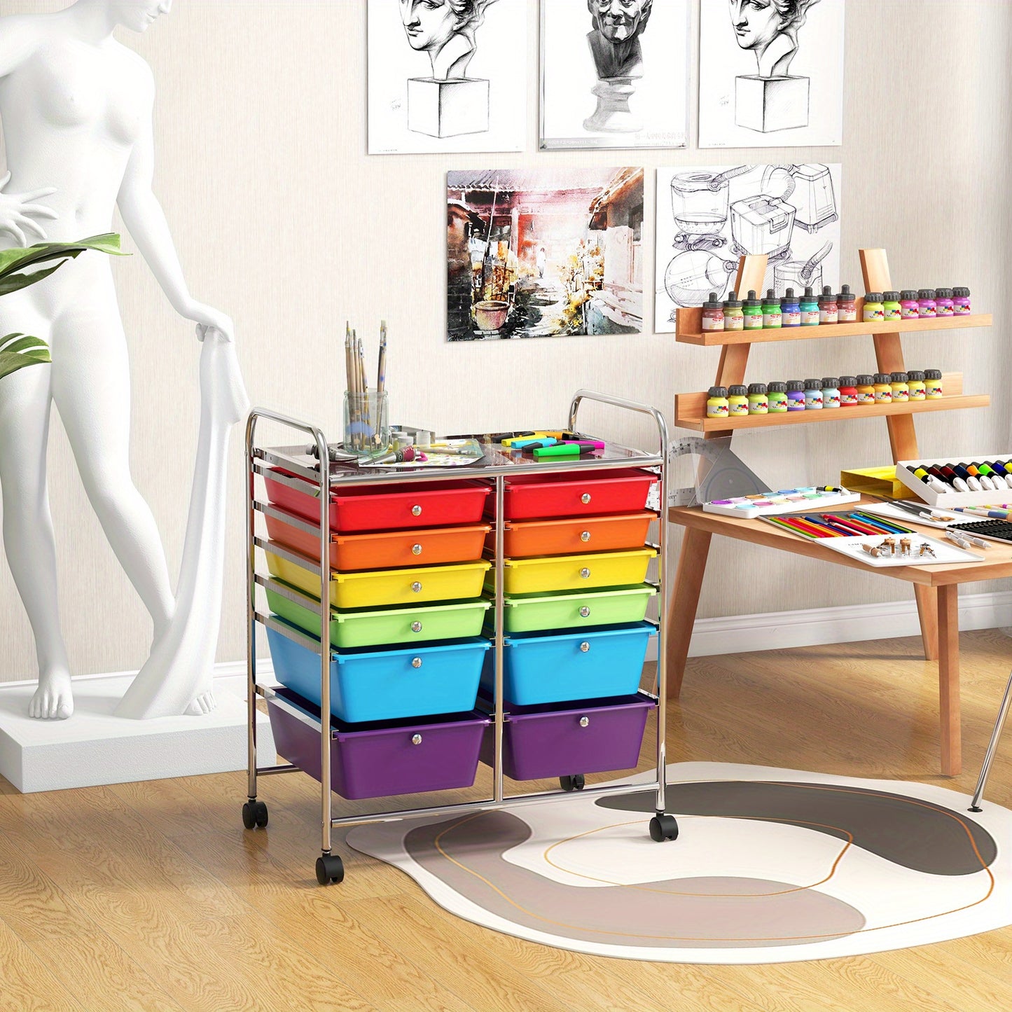 12-Drawer Rolling Storage Cart, Multipurpose Organizer Cart, Mobile Utility Cart with Lockable Casters, Multicolored