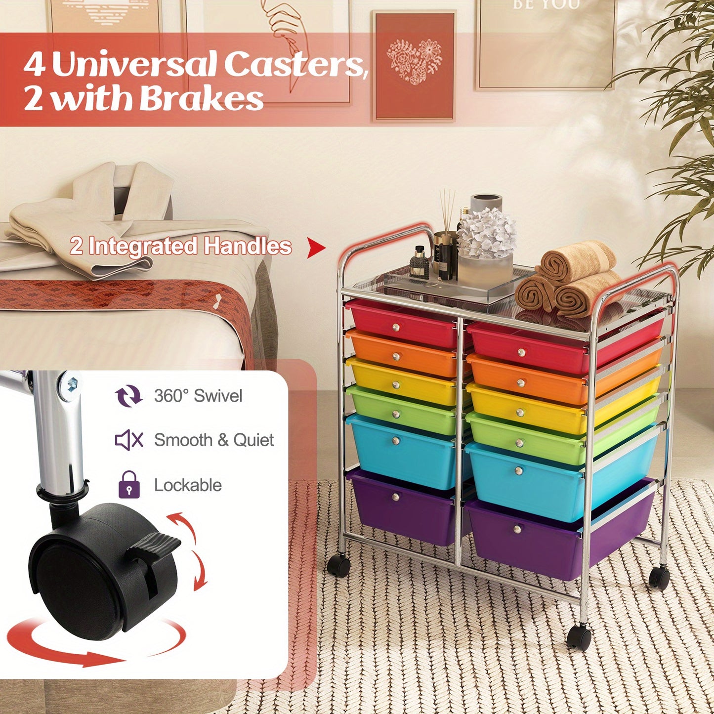 12-Drawer Rolling Storage Cart, Multipurpose Organizer Cart, Mobile Utility Cart with Lockable Casters, Multicolored