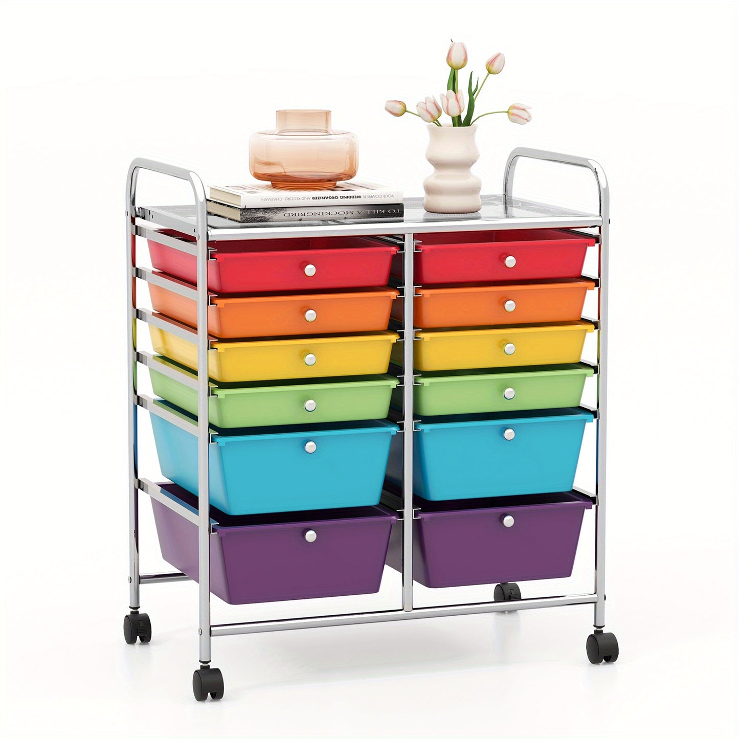 12-Drawer Rolling Storage Cart, Multipurpose Organizer Cart, Mobile Utility Cart with Lockable Casters, Multicolored