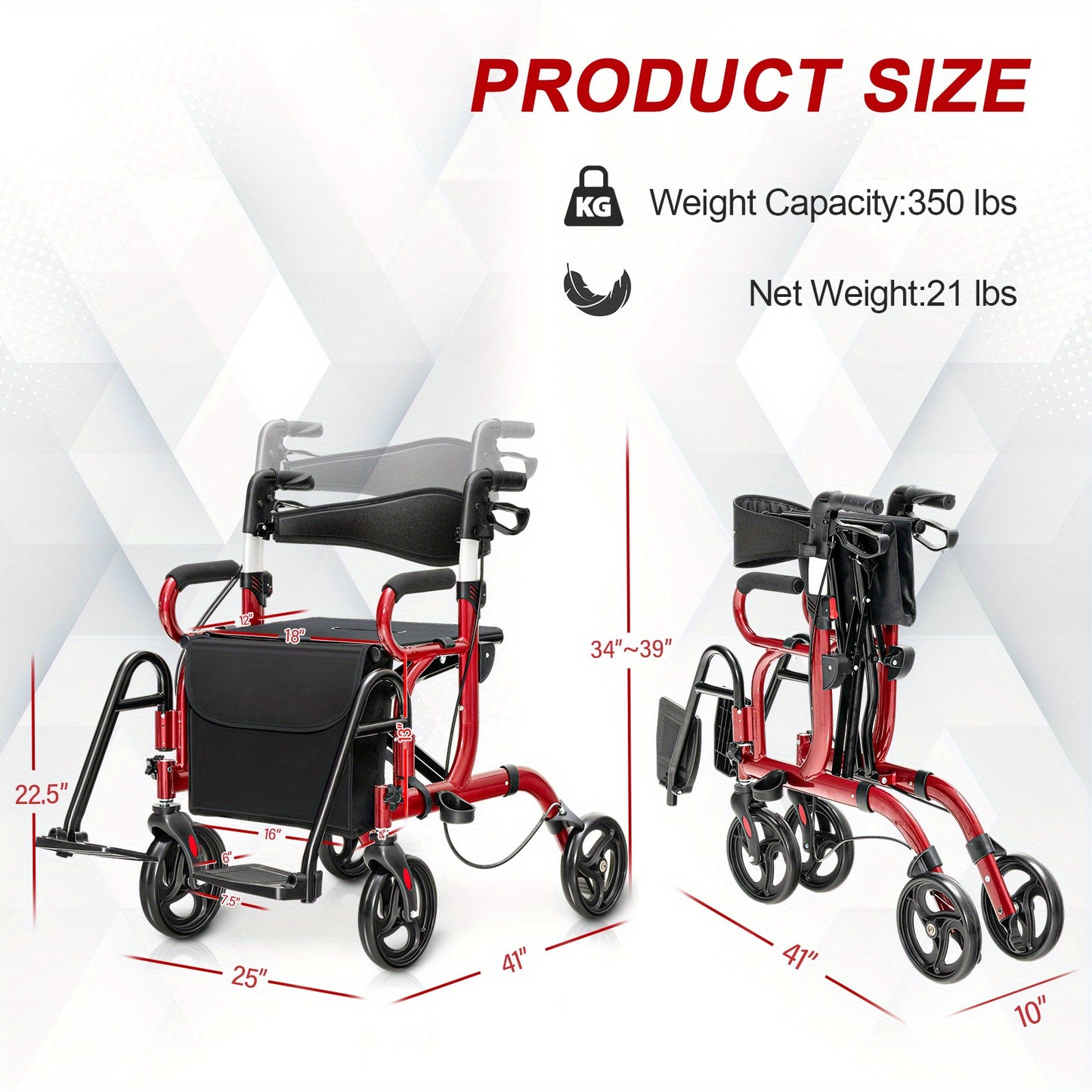 Rollator Walkers for Seniors with Padded & Widen Seat  Folding Comfortable Handles and Detachable Footrests