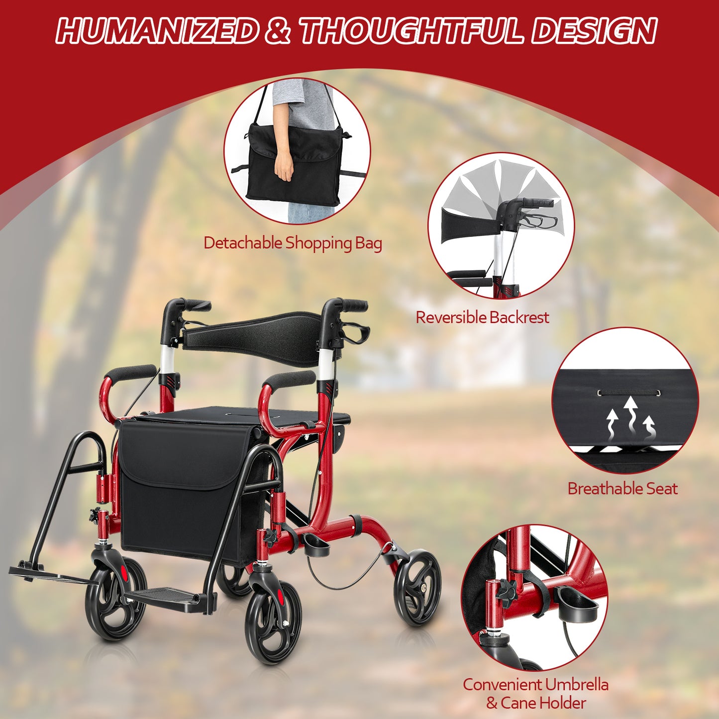 Rollator Walkers for Seniors with Padded & Widen Seat  Folding Comfortable Handles and Detachable Footrests