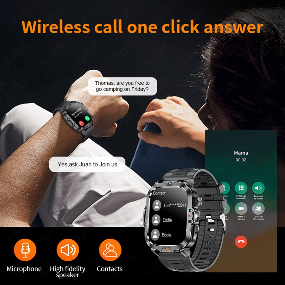 LIGE smart watch 2.01"/IP67 waterproof/100+multi-sport modes/LED lighting/message push/reminder function/weathe/find phone for Android&IPhone. Suitable for both men and women.