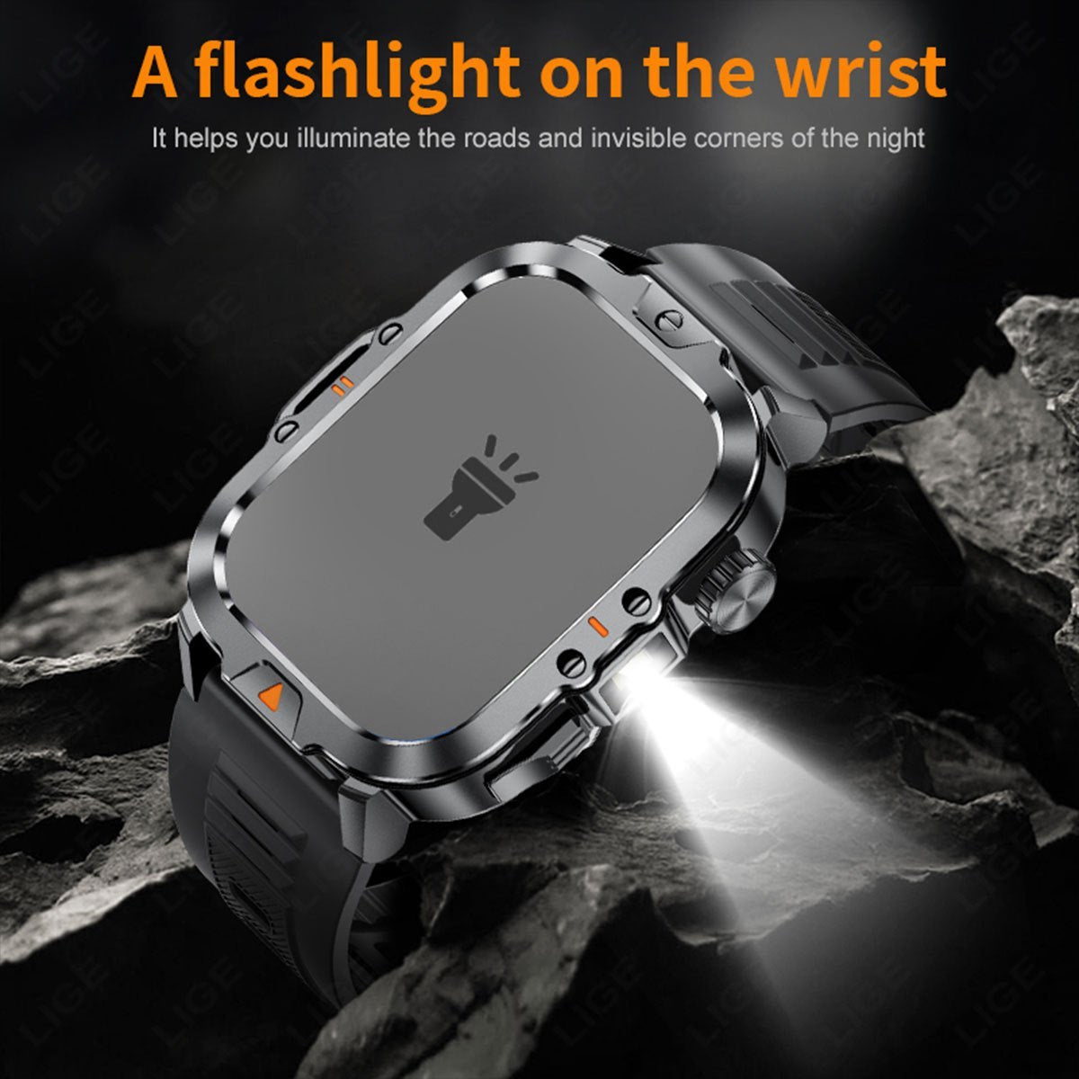 LIGE smart watch 2.01"/IP67 waterproof/100+multi-sport modes/LED lighting/message push/reminder function/weathe/find phone for Android&IPhone. Suitable for both men and women.