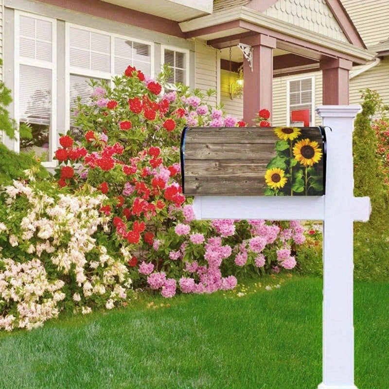 Magnetic Sunflower Mailbox Cover - Weather-Resistant Outdoor Decor, Standard Size, Floral Wood Plank Design, Fits 21x18 Inch Mailboxes, Easy to Apply - 1pc