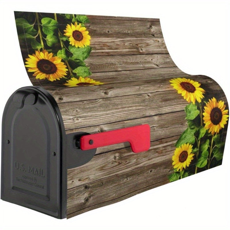 Magnetic Sunflower Mailbox Cover - Weather-Resistant Outdoor Decor, Standard Size, Floral Wood Plank Design, Fits 21x18 Inch Mailboxes, Easy to Apply - 1pc