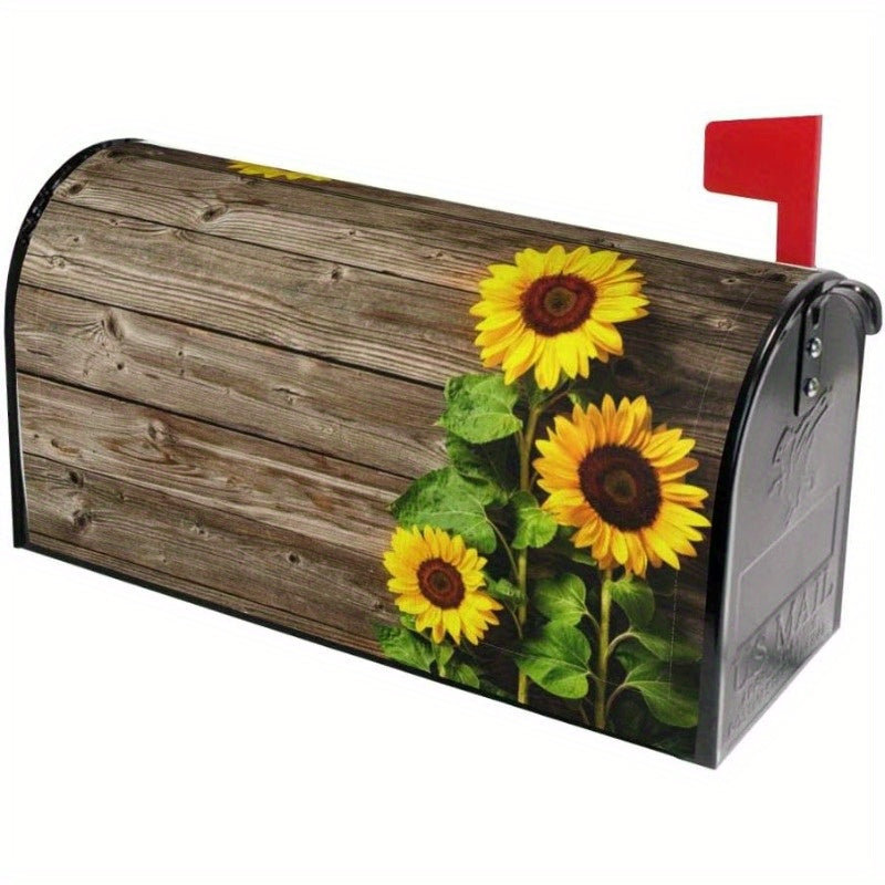 Magnetic Sunflower Mailbox Cover - Weather-Resistant Outdoor Decor, Standard Size, Floral Wood Plank Design, Fits 21x18 Inch Mailboxes, Easy to Apply - 1pc