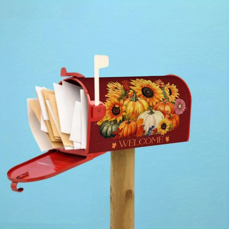 Autumn Harvest Magnetic Mailbox Cover - Thanksgiving Themed Outdoor Standard Size Decoration with Sunflowers and Pumpkins Design, Welcome Text - Durable All-Weather Mailbox Wrap (1pc)