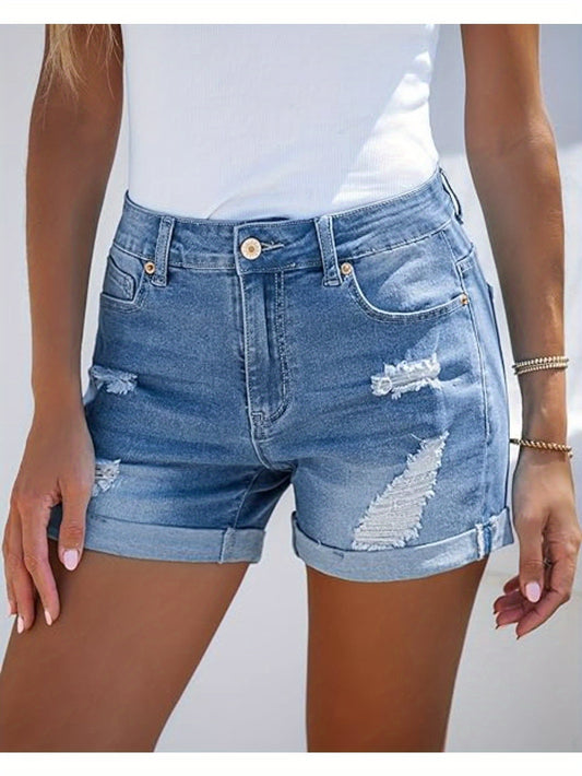 Women's Casual High-Waisted Denim Shorts, Rolled Hem Ripped Jeans, Distressed Summer Fashion, Breathable Blue Jean Shorts