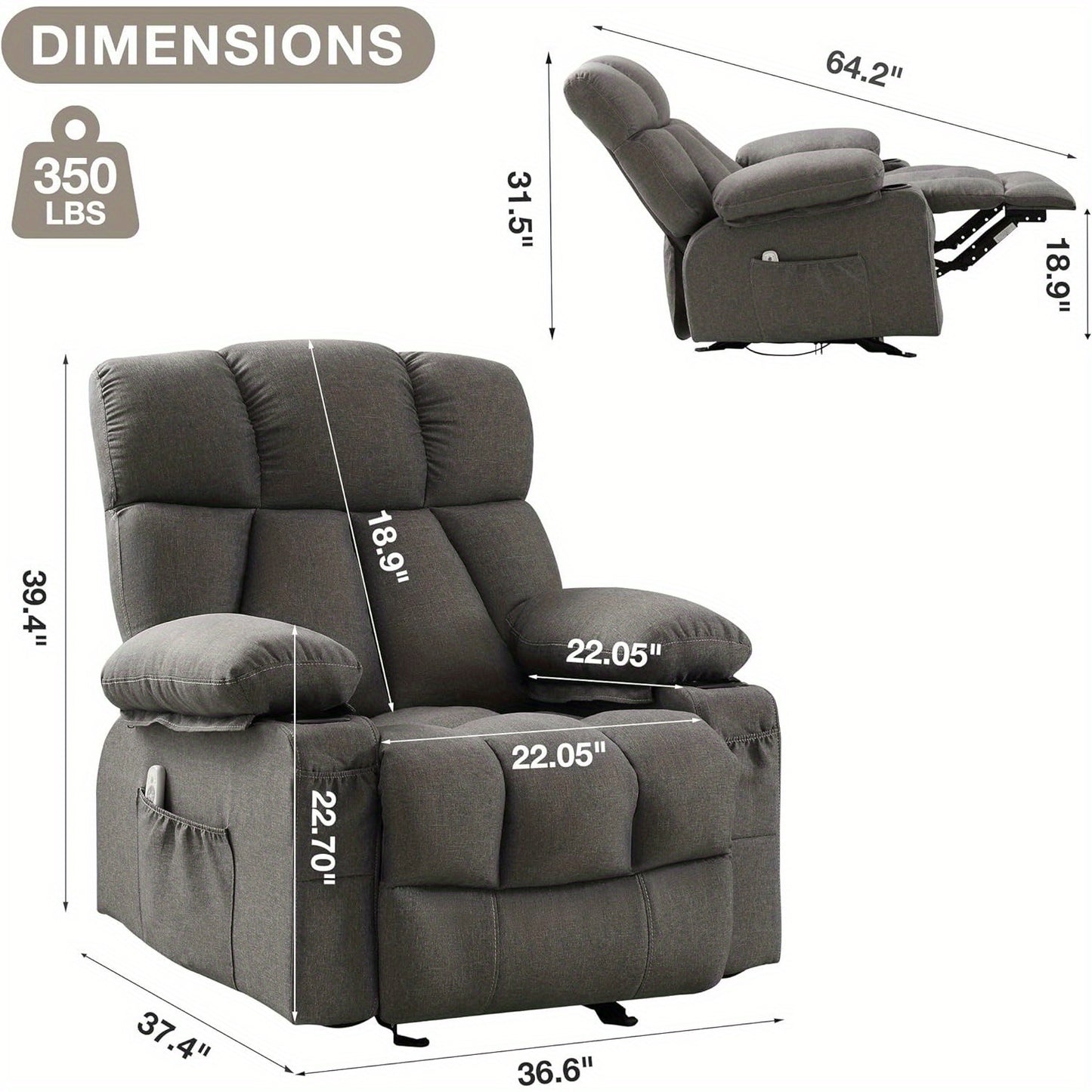 Massage Rocker Recliner Chair with Heat and Vibration Ergonomic Rocking Lounge Chair for Living Room Comfy Overstuffed Recliner with 4 Side Pockets, 2 Cup Holders, USB Charge Port, Grey