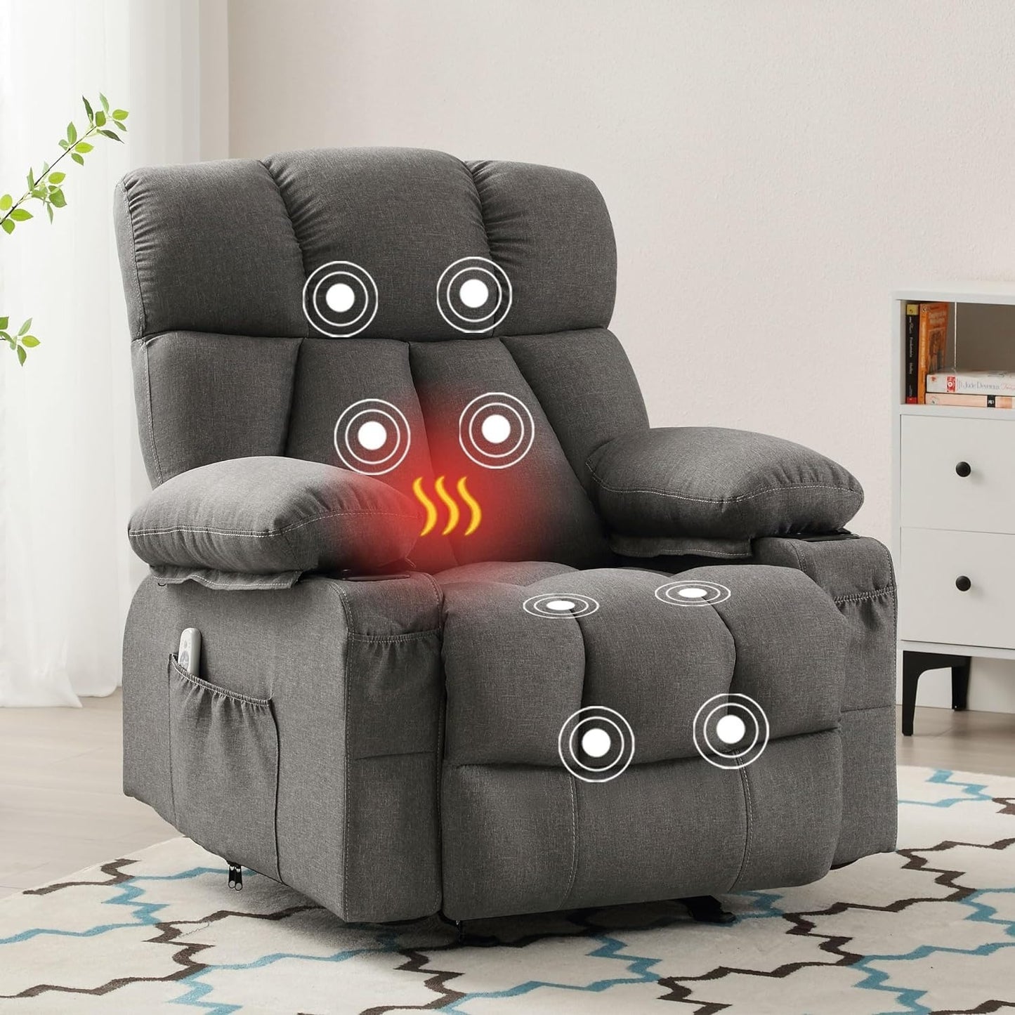 Massage Rocker Recliner Chair with Heat and Vibration Ergonomic Rocking Lounge Chair for Living Room Comfy Overstuffed Recliner with 4 Side Pockets, 2 Cup Holders, USB Charge Port, Grey