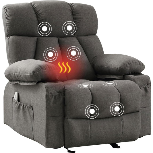 Massage Rocker Recliner Chair with Heat and Vibration Ergonomic Rocking Lounge Chair for Living Room Comfy Overstuffed Recliner with 4 Side Pockets, 2 Cup Holders, USB Charge Port, Grey