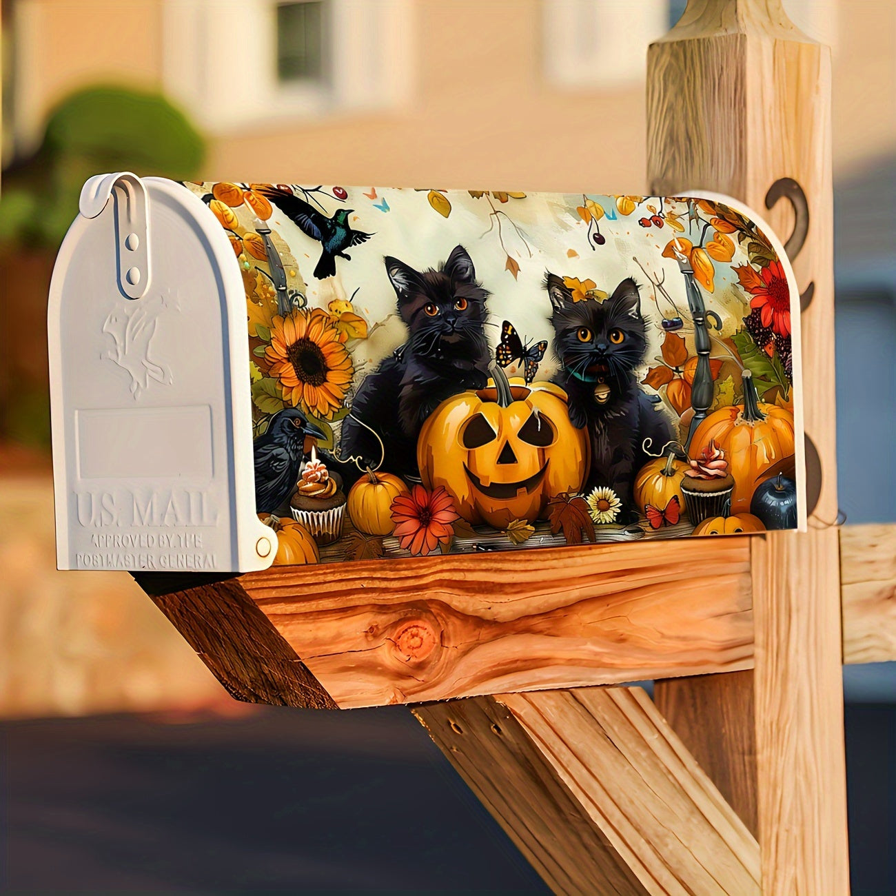 Autumn Charm Mailbox Cover - Sunflower, Pumpkin & Black Cat Design | Standard Size 21" x 18" | Perfect for Fall, Halloween & Thanksgiving Outdoor Decor