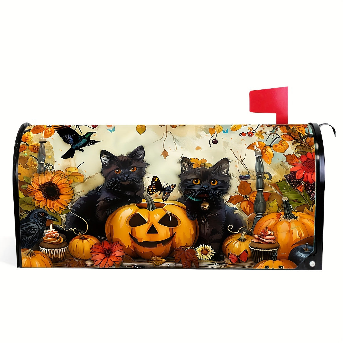 Autumn Charm Mailbox Cover - Sunflower, Pumpkin & Black Cat Design | Standard Size 21" x 18" | Perfect for Fall, Halloween & Thanksgiving Outdoor Decor