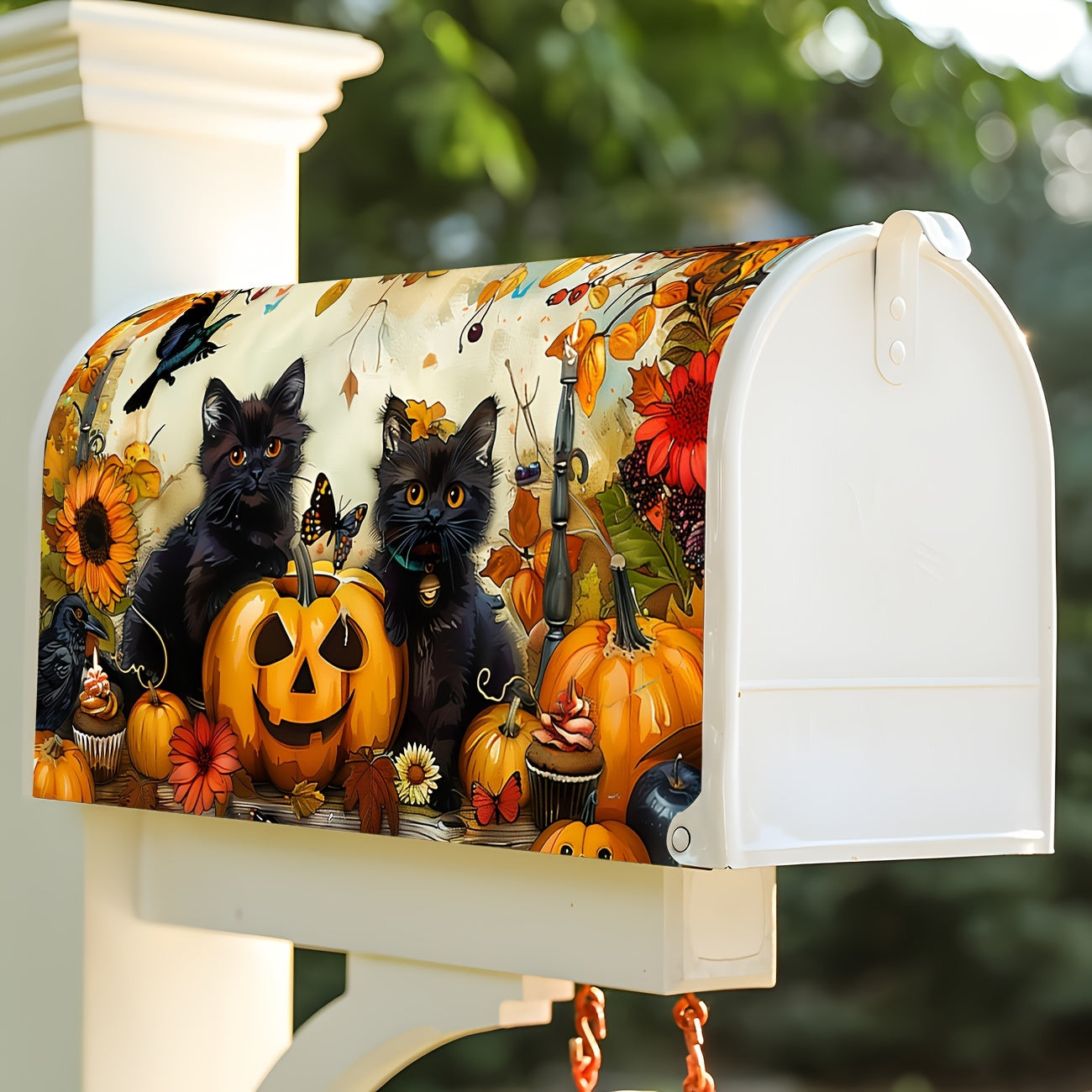 Autumn Charm Mailbox Cover - Sunflower, Pumpkin & Black Cat Design | Standard Size 21" x 18" | Perfect for Fall, Halloween & Thanksgiving Outdoor Decor