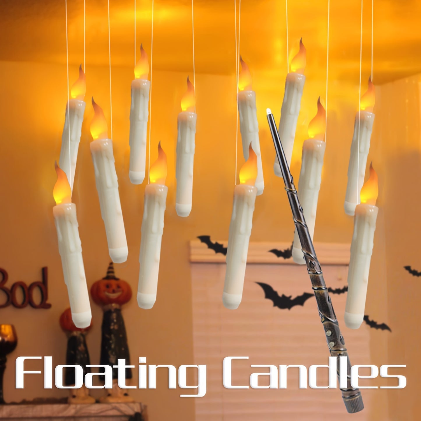 12pcs LED Floating Candles Lights With Wand, Wireless Remote Control, Halloween Party Decorations, Plastic Candles With LED Light, Perfect For Birthday, Party, And Home Decor