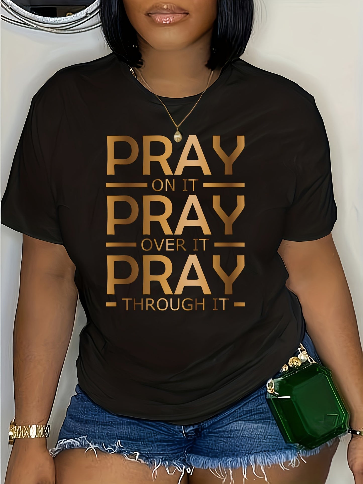 Pray On It Print Crew Neck T-Shirt Casual Short Sleeve T-Shirt For Spring & Summer Women's Clothing