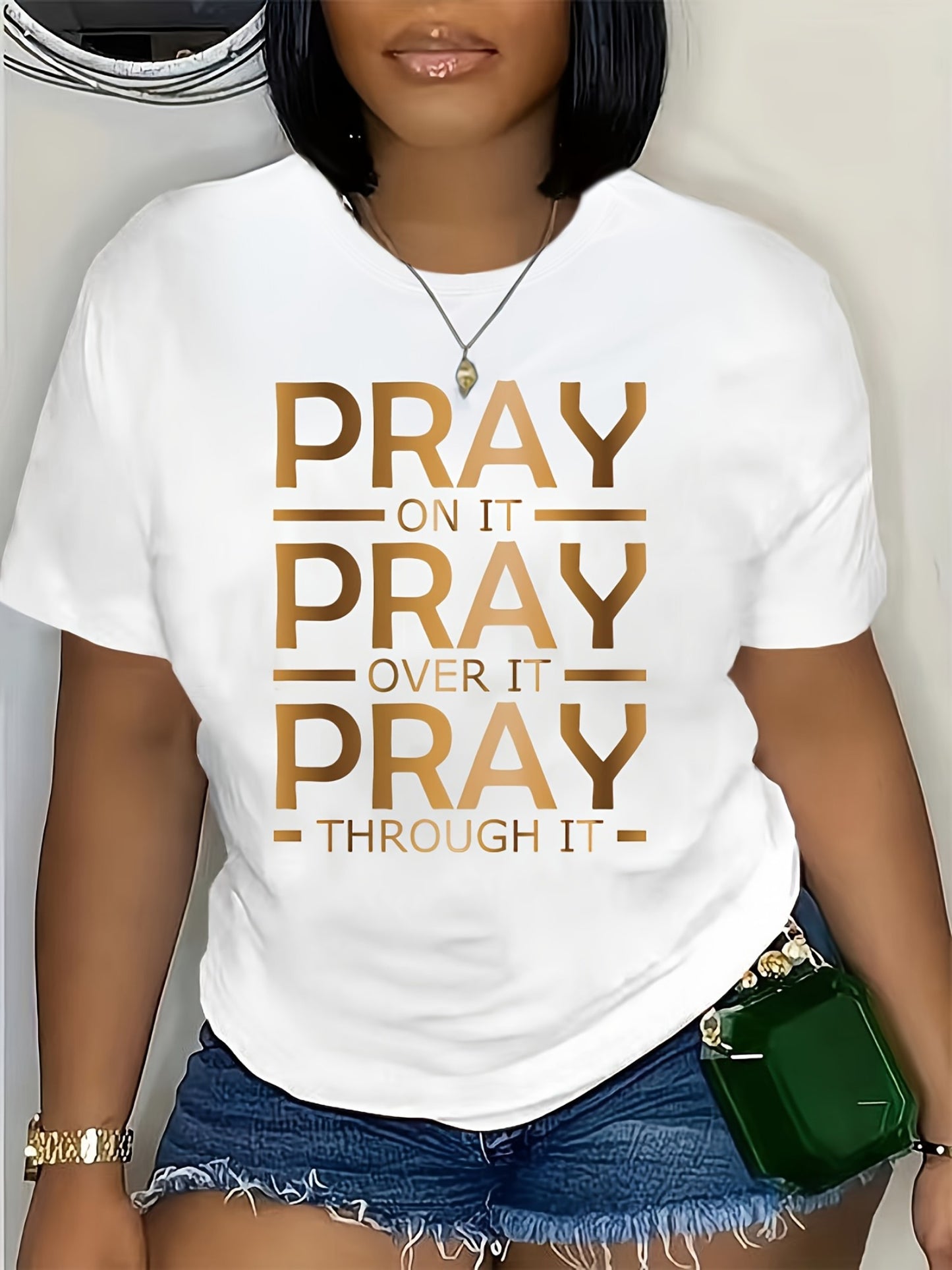 Pray On It Print Crew Neck T-Shirt Casual Short Sleeve T-Shirt For Spring & Summer Women's Clothing