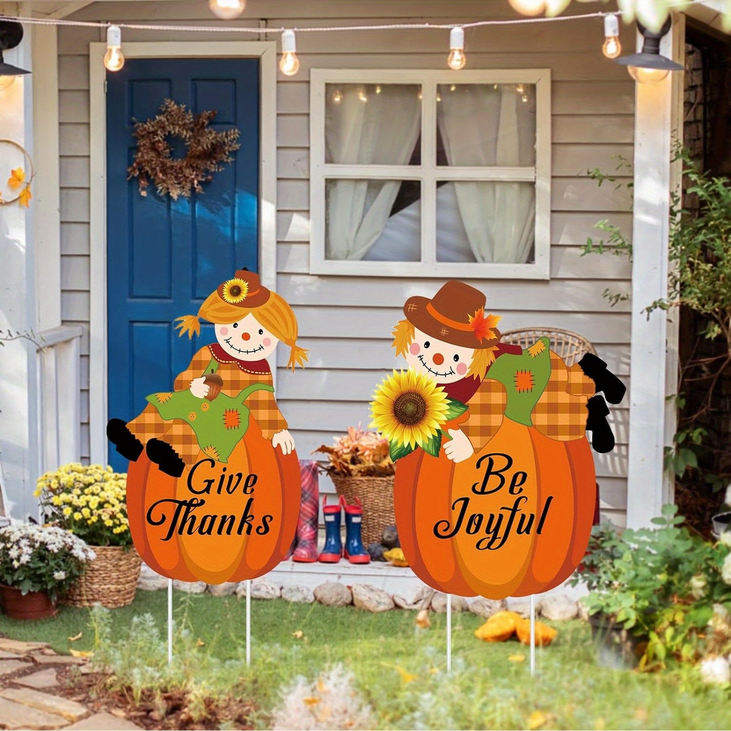 Festive Fall Scarecrow Pumpkin Yard Stakes: Thanksgiving Pilgrim Decorations for Outdoor Lawn - Plastic, Stake-Style, No Feather, Suitable for Autumn