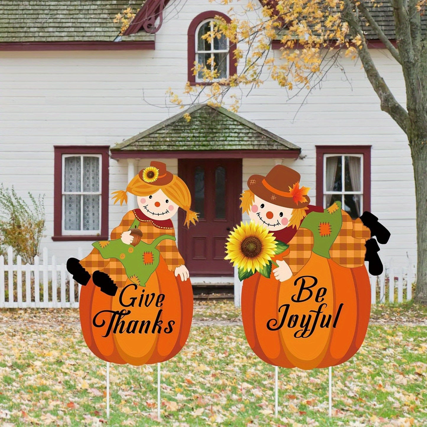 Festive Fall Scarecrow Pumpkin Yard Stakes: Thanksgiving Pilgrim Decorations for Outdoor Lawn - Plastic, Stake-Style, No Feather, Suitable for Autumn