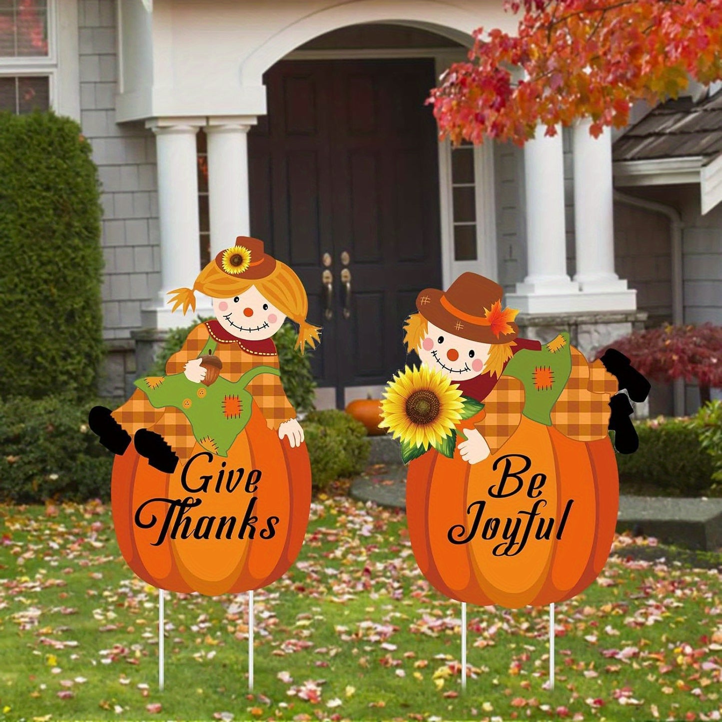 Festive Fall Scarecrow Pumpkin Yard Stakes: Thanksgiving Pilgrim Decorations for Outdoor Lawn - Plastic, Stake-Style, No Feather, Suitable for Autumn