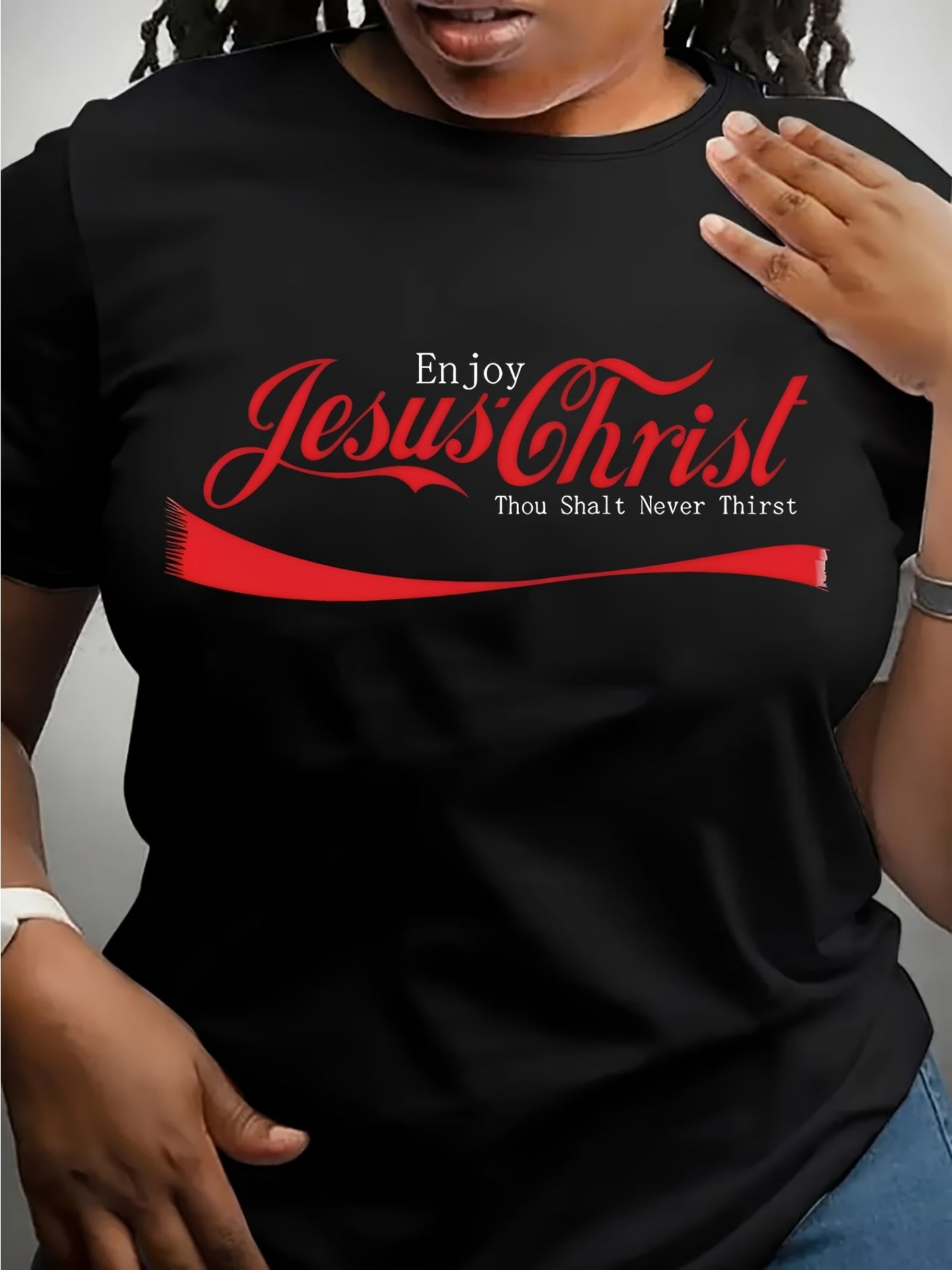 Jesus Enjoy Christ Print T-Shirt Short Sleeve Crew Neck Casual Top for Spring & Summer Women's Clothing Casual Basics O-collar