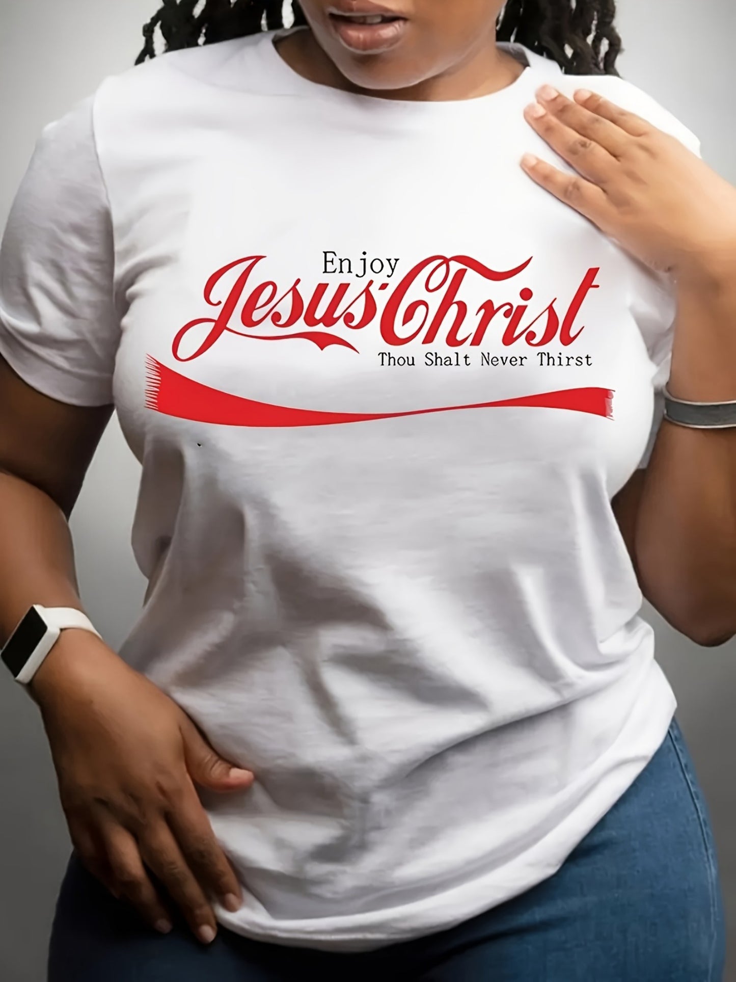 Jesus Enjoy Christ Print T-Shirt Short Sleeve Crew Neck Casual Top for Spring & Summer Women's Clothing Casual Basics O-collar