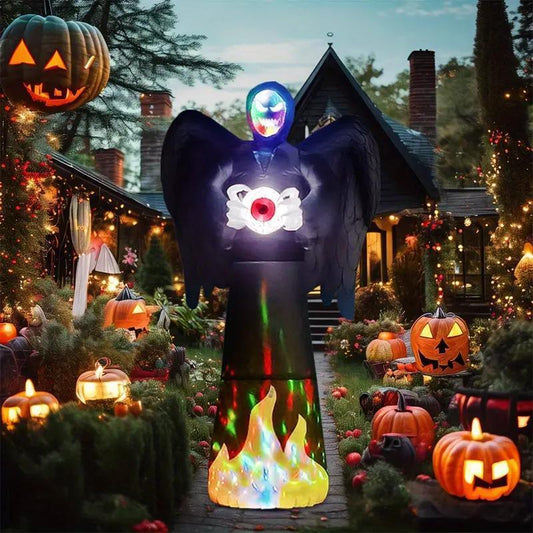 8FT Halloween inflatable mirror harvester outdoor decoration inflatable ghost courtyard pumpkin skull, built-in LED lights and RGB light mask, suitable for garden lawn party decoration