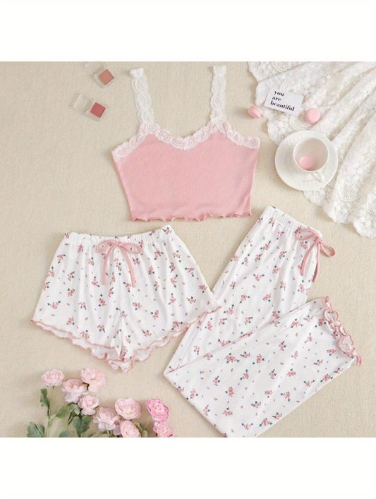 Summer small floral three-piece pajamas women's spring summer pit strip cotton V-neck lace halter shorts and trousers home wear